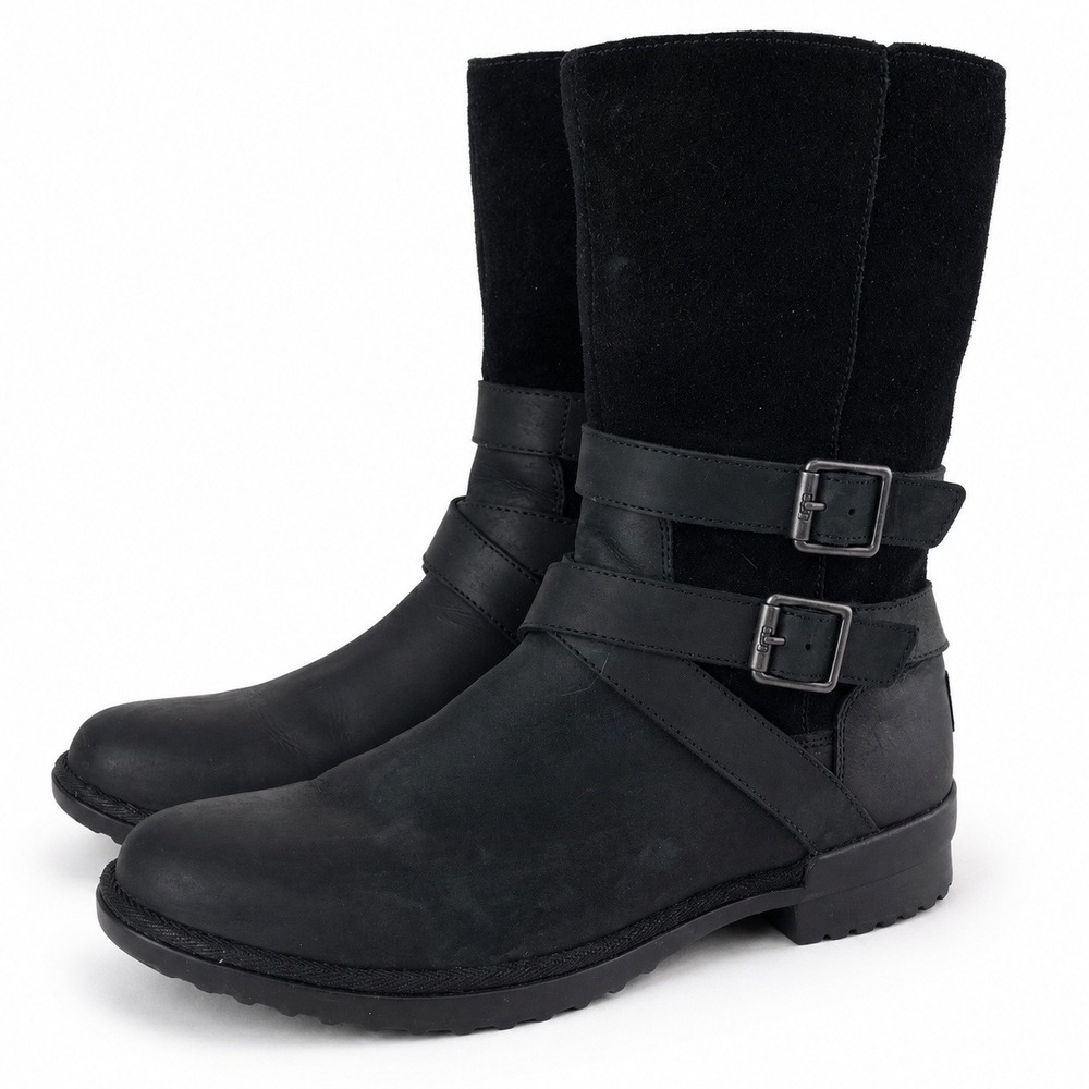 UGG Simmens Waterproof Sherpa Lined Boots Sz 9 Black Leather Suede Moto Gorpcore